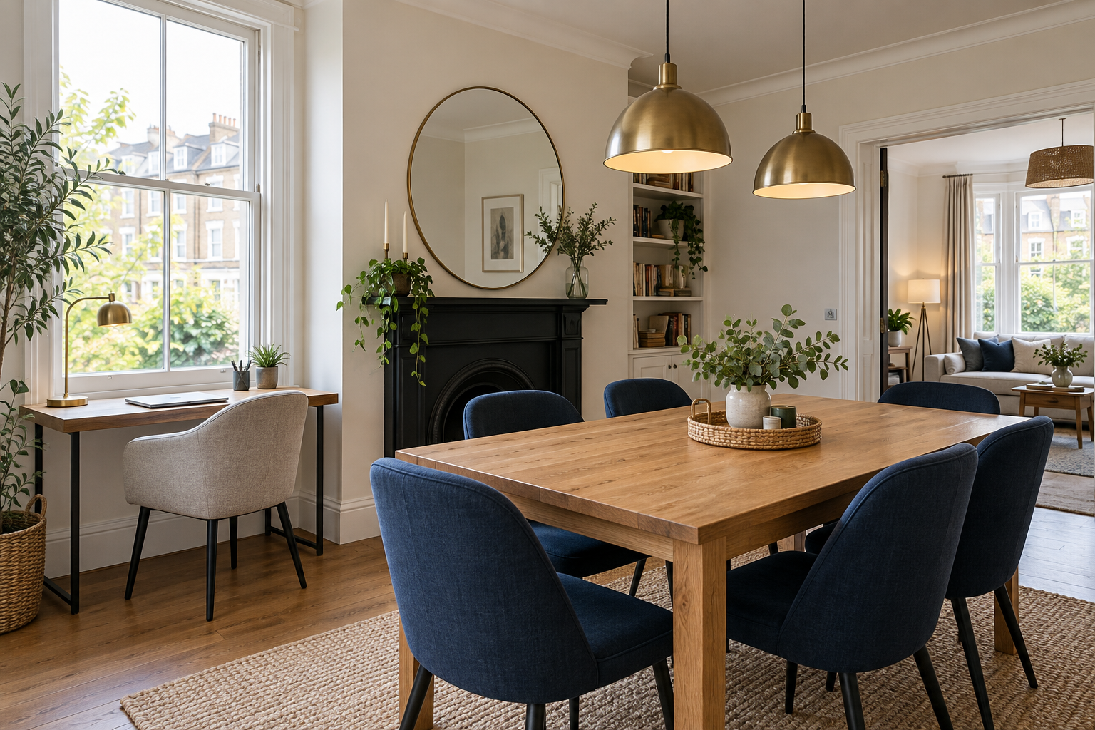 Illustrative furnished dining room and workspace